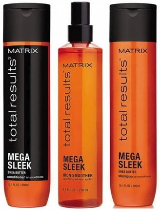 Matrix Total Results Mega Sleek Zestaw wygładzający włosy  szampon 300ml + odżywka 300ml + spray 250ml