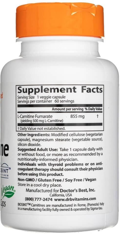 Doctor'S Best L-Carnitine Fumarate Fumaran L-Karnityny 855Mg 60Kaps Reduktor tłuszczu