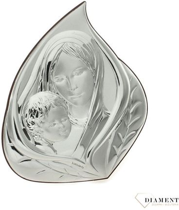 Obrazek srebrny Matka Boska z Dzieciątkiem w drewnie.