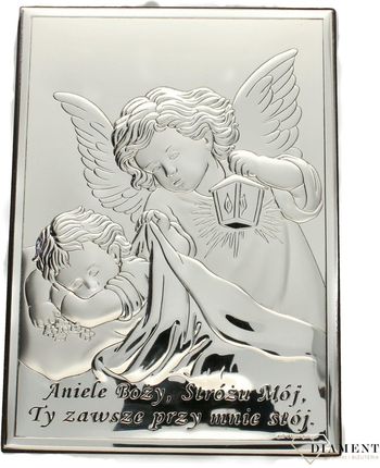 Obrazek srebrny Aniołek czuwający nad dzieciątkiem.