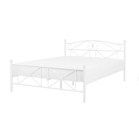 Beliani Metalowe łóżko ze stelażem 140x200 cm zdobione wezgłowie i zanóżek białe Rodez