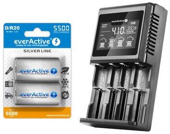 Ładowarka do akumulatorków cylindrycznych everActive UC-4000 + 2 akumulatory everActive R20 D Ni-MH 5500 mAh