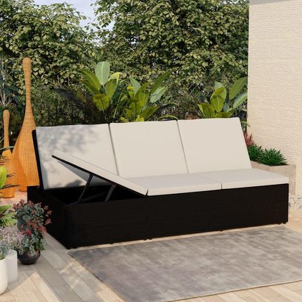 vidaXL Rozkładane łóżko ogrodowe z poduszką polirattan czarne 46242