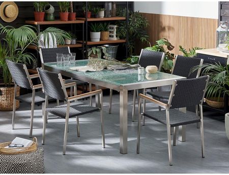 Beliani Zestaw ogrodowy stół szkło tłuczone dzielony blat i 6 krzeseł rattanow