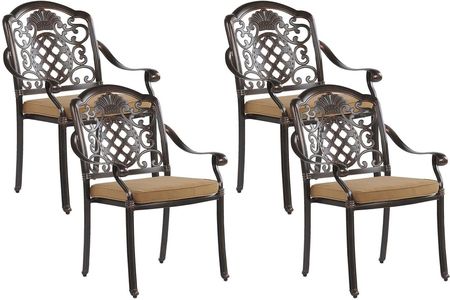 Beliani Zestaw 4 krzeseł ogrodowych brązowy metalowy z poduszkami Salento