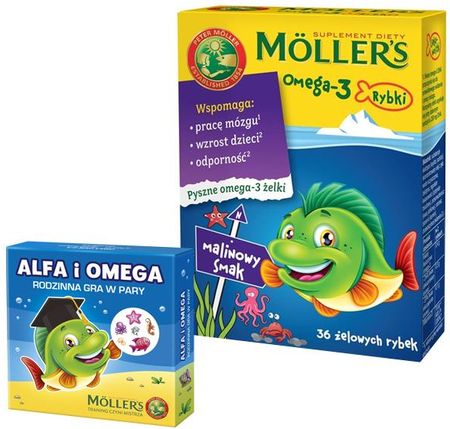 Moller's Tran Omega-3 Rybki smak malinowy 36 sztuk + Alfa i Omega rodzinna gra w pary