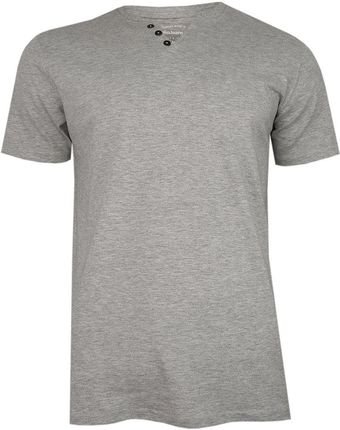 Szary Bawełniany T-Shirt -PAKO JEANS- Męski, Krótki Rękaw, Dekolt w Serek z Guzikami, BASIC TSPJNSmPOPIELguzik