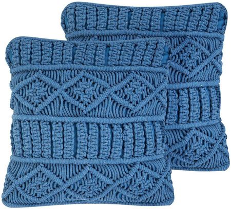Beliani Zestaw 2 sztuk poduszek bawełnianych makrama 45 x 45 cm niebieski Karatas