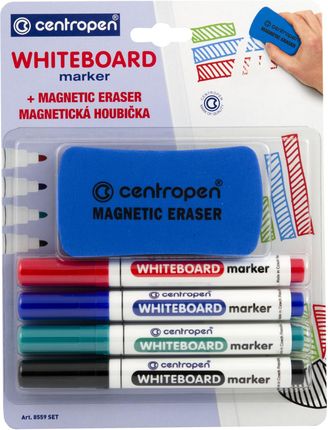 Centropen Marker Suchościeralny Whiteboard Marker 8559 4 Kolory + Gąbka Magnetyczna