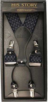 Granatowo-Białe Szerokie Szelki Męskie, Skóra Naturalna -HIS STORY- Stylowe, w Romby SZHSTR0023