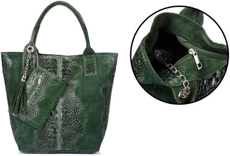 Ciemno- zielona Duża Skórzana Shopperka skóra krokodyla torba worek Z SASZETKĄ L94