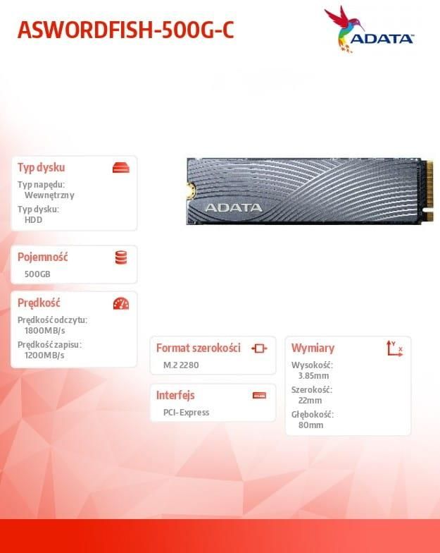 500gb Adata Swordfish 500 Dysk SSD Adata Swordfish 500GB 2280
