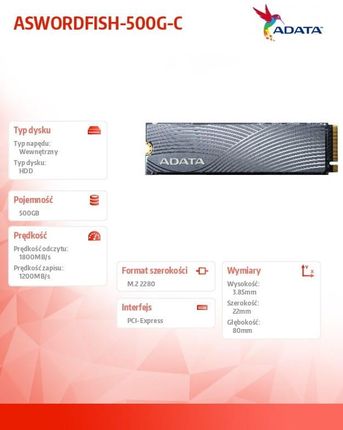 Dysk SSD Adata Swordfish 500GB 2280 (ASWORDFISH500GC) Opinie