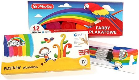 Herlitz Zestaw Farby Plakatowe 12 Kolorów + Plastelina + Pędzle 6 Szt