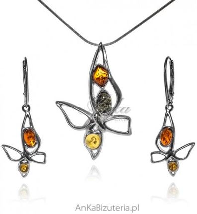 Ankabizuteria  Komplet biżuteria srebrna z bursztynem motylek