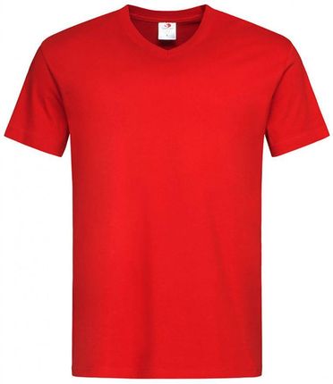 Czerwony Bawełniany T-Shirt w Serek, Męski Bez Nadruku -STEDMAN- Koszulka, Krótki Rękaw, V-neck TSJNPLST2300scarletred