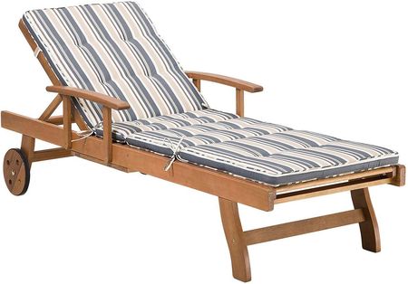 Beliani Rustykalny leżak ogrodowy drewno akacjowe na kółkach regulowany z poduszką niebiesko-beżową Java