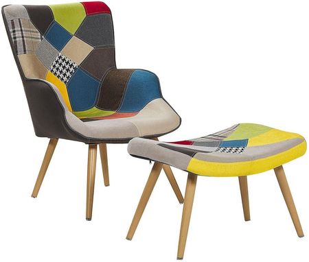 Beliani Pikowany fotel z podnóżkiem kolorowy patchwork drewno kauczukowe retro Vejle
