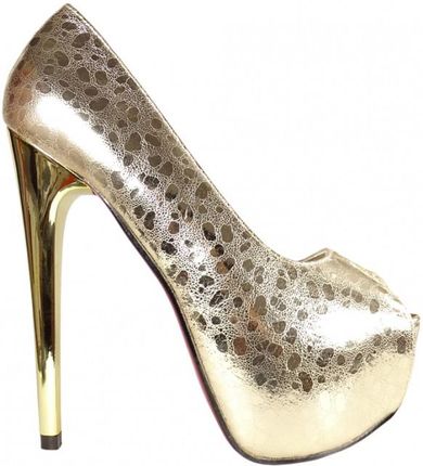 Złote szpilki na platformie buty damskie wężowe