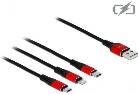 DELOCK KABEL 3IN1 USB-A(M)->LIGHTNING(M)+MICRO-B(M)+USB-C(M) TYLKO ŁADOWANIE 0.3M CZERWONO/CZARNY DELOCK  (Z30569)