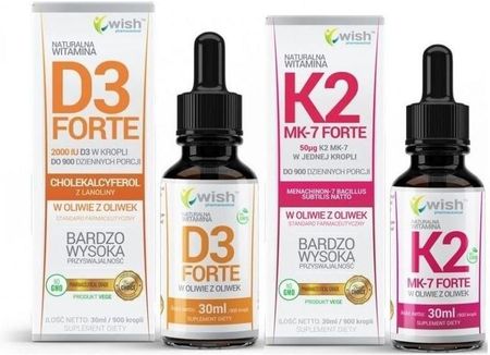 Wish Pharmaceutical Zestaw Wegan: Wit. D3 Forte 2000Iu 30ml + Wit. K2 Mk-7 Z Natto Forte Krople 30ml