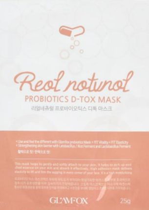 Glamfox Probiotics D-Tox Mask Detoksykująca Maska Probiotyczna W Płachcie Do Skóry Odwodnionej Poszarzałej Z Pierwszymi Oznakami Starzenia Się 25G.