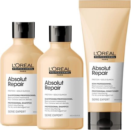 L'Oréal Absolut Repair Gold odbudowujący zestaw do włosów zniszczonych szampon 2x300ml, odżywka 200ml