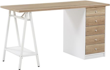 Beliani Nowoczesne biurko komputerowe z szufladami białe z drewnianym blatem Heber