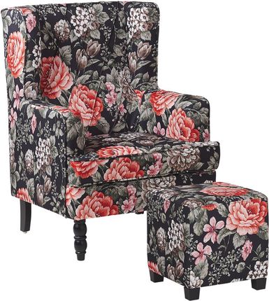 Beliani Klasyczny fotel uszak w kwiaty z podnóżkiem wygodny czarno-czerwony Sandset