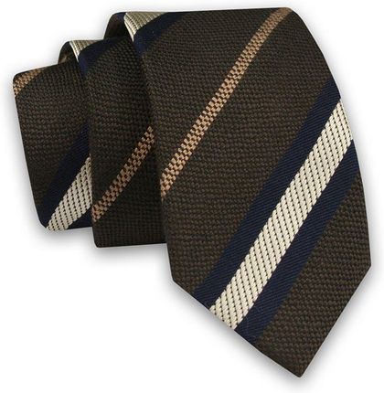 Brązowy Elegancki Męski Krawat -ALTIES- 6cm, Stylowy, Klasyczny, w Biało-Beżowo-Granatowe Paski KRALTS0524