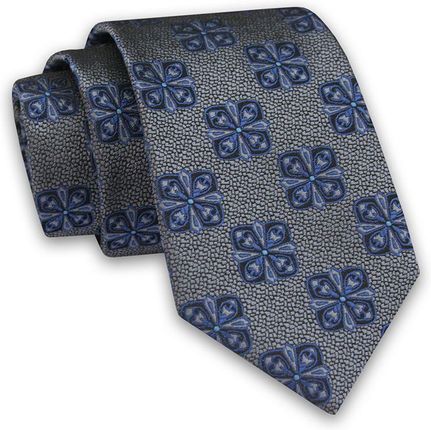 Szary Elegancki Męski Krawat -ALTIES- 7cm, Stylowy, Klasyczny, w Niebieski Wzór Geometryczny KRALTS0505