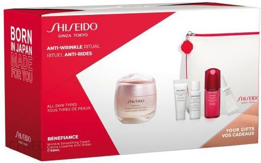 „Shiseido“ apsaugos nuo saulės rinkinys „Benefiance“ kremas 50 ml + putos 5 ml + losjonas 7 ml + serumas 10 ml + paakių kremas 2 ml + kosmetikos krepšys