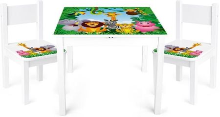 Drewniany stolik dla dzieci i dwa krzesełka Zwierzęta  meble do pokoju dziecięcego