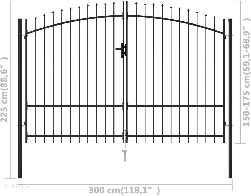 Brama dwuskrzydłowa z grotami, stal, 3x1,75 m, cza