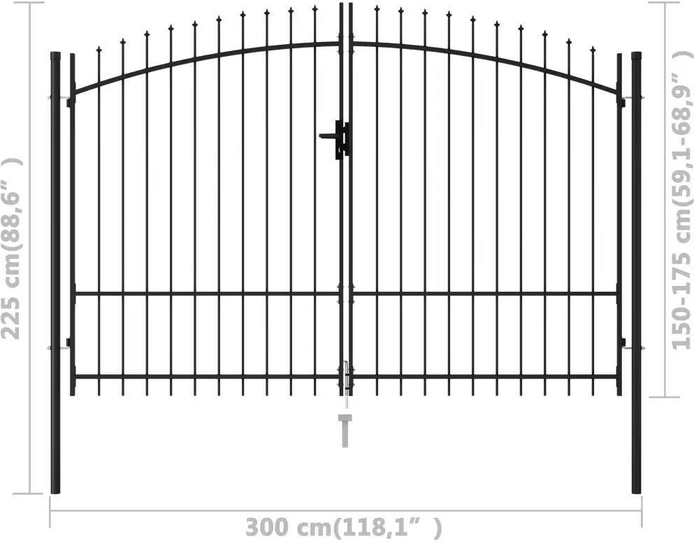 Brama dwuskrzydłowa z grotami, stal, 3x1,75 m, cza