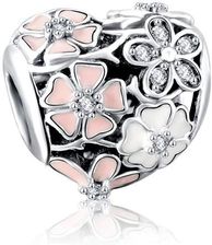 Valerio Rodowany Srebrny Charms Do Pandora Serce Heart Kwiatki Flowers Cyrkonie Srebro 925 (PAS283)