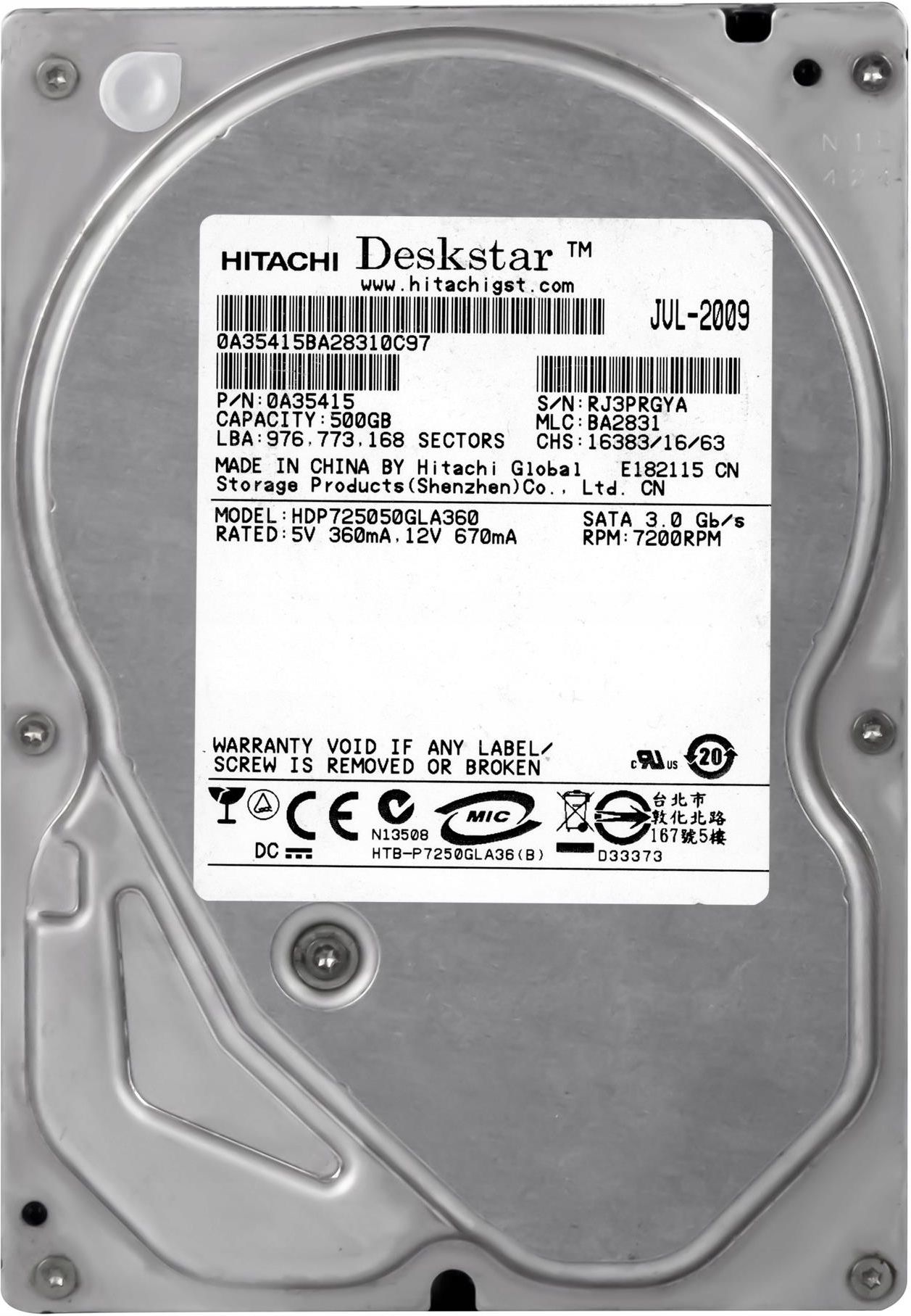 Dysk twardy Hitachi Deskstar P7K500, 500GB, SATA 300, 7200rpm, 16MB ...
