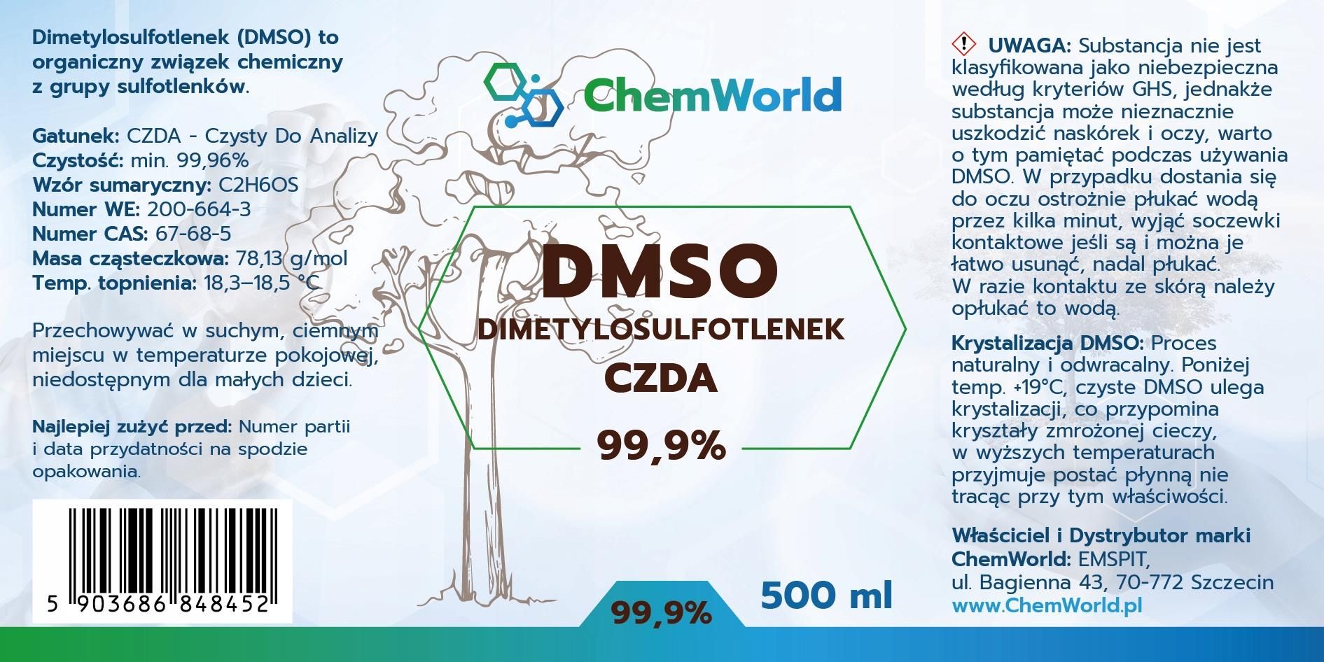 DMSO 99.9% Pure - 500ml - Marque ChemWorld - Usage Quotidien En Laboratoire