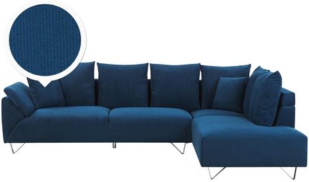 Beliani Sztruksowy narożnik lewostronny sofa z poduszkami ciemnoniebieska retro Lunner