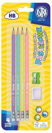Ołówki ASTRA pastelowe HB z miarką 4szt, + gumka i temperówka blister Astra
