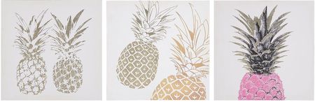 Beliani Zestaw 3 obrazów na płótnie nylon rama MDF motyw ananasa różowo-złoty Apesika