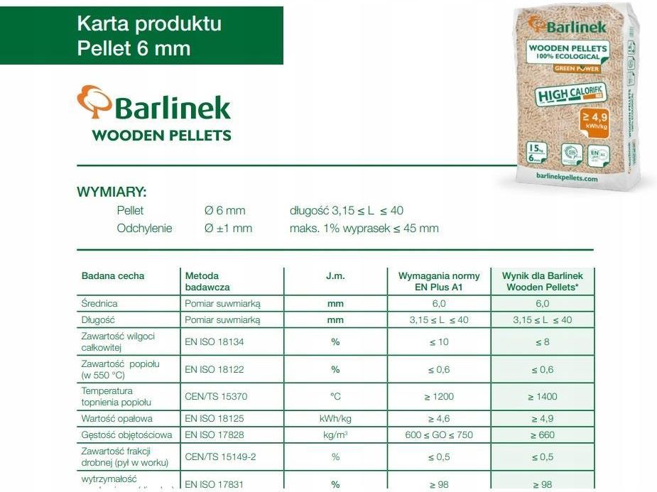 Materiały opałowe BARLINEK PELLET PELET DRZEWNY 6MM 990 KG ENPLUS1
