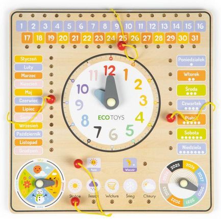 Ecotoys Kalendarz drewniany zegar edukacyjny ESCW036