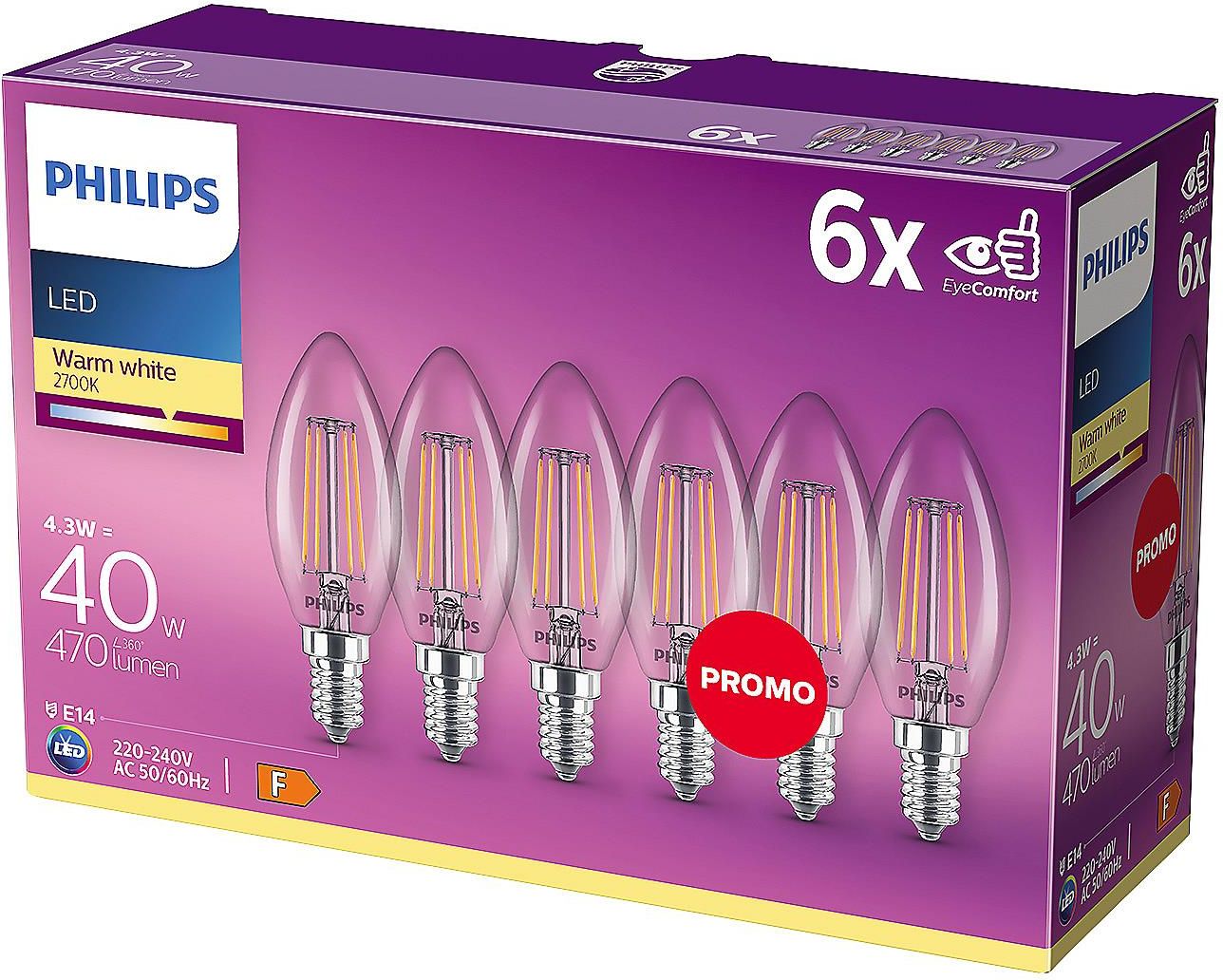 Philips Żarówka światła LED LED Classic 40W B35 E14 WW CL ND 6CT/4 E14 ...