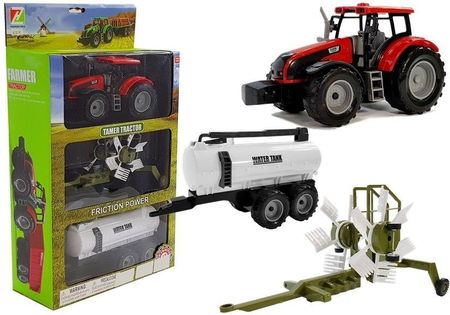 Lean Toys Traktor z Przyczepką, Zgrabiarką i Cysterną Czerwony