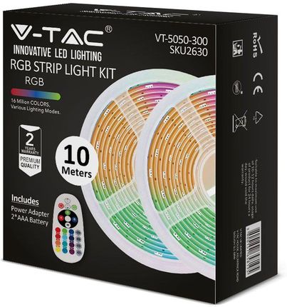 V-Tac Zestaw Paska Led Rgb 4,8W/M 2X5M + Zasilacz Sterowanie Ip20