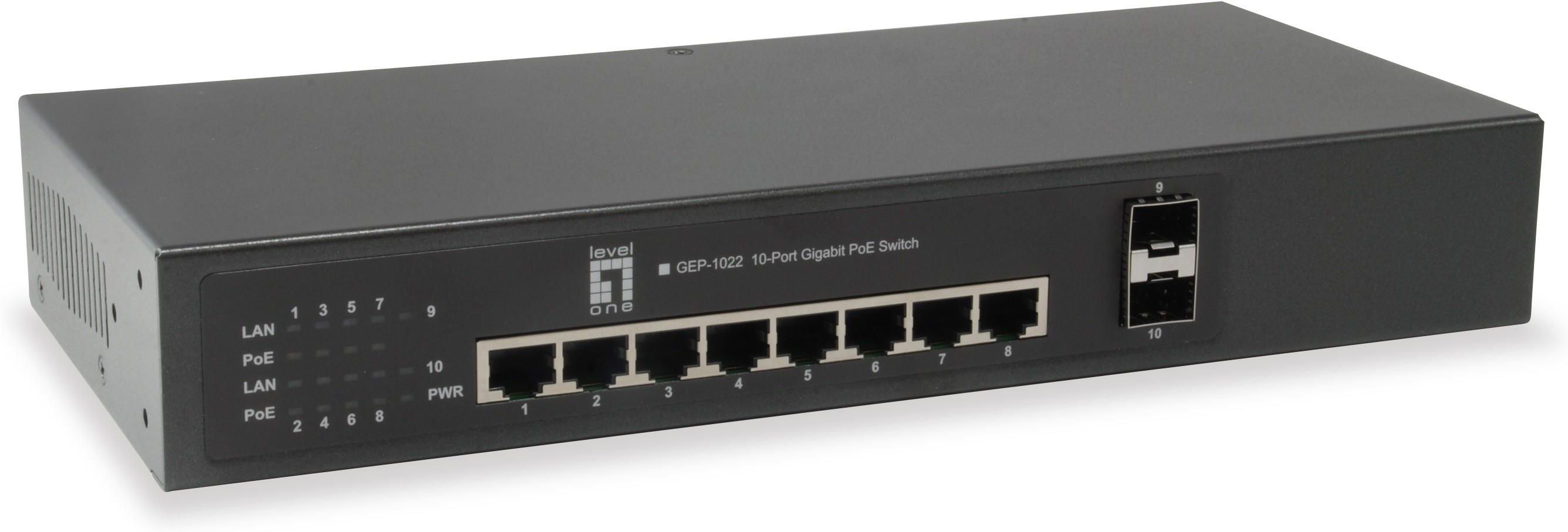 LevelOne 10Port Gigabit PoE Switch 8 PoE Outputs 2 x SFP