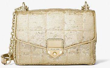 MK Soho Small Metallic Sequined Quilted Shoulder Bag Pale Gold