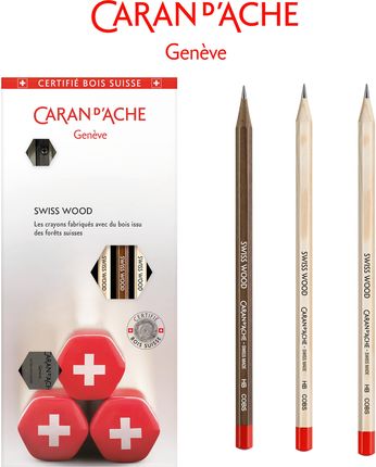Zestaw Caran D’Ache - 3 Ołówki Grafitowe Swiss Wood Gumka I Temperówka