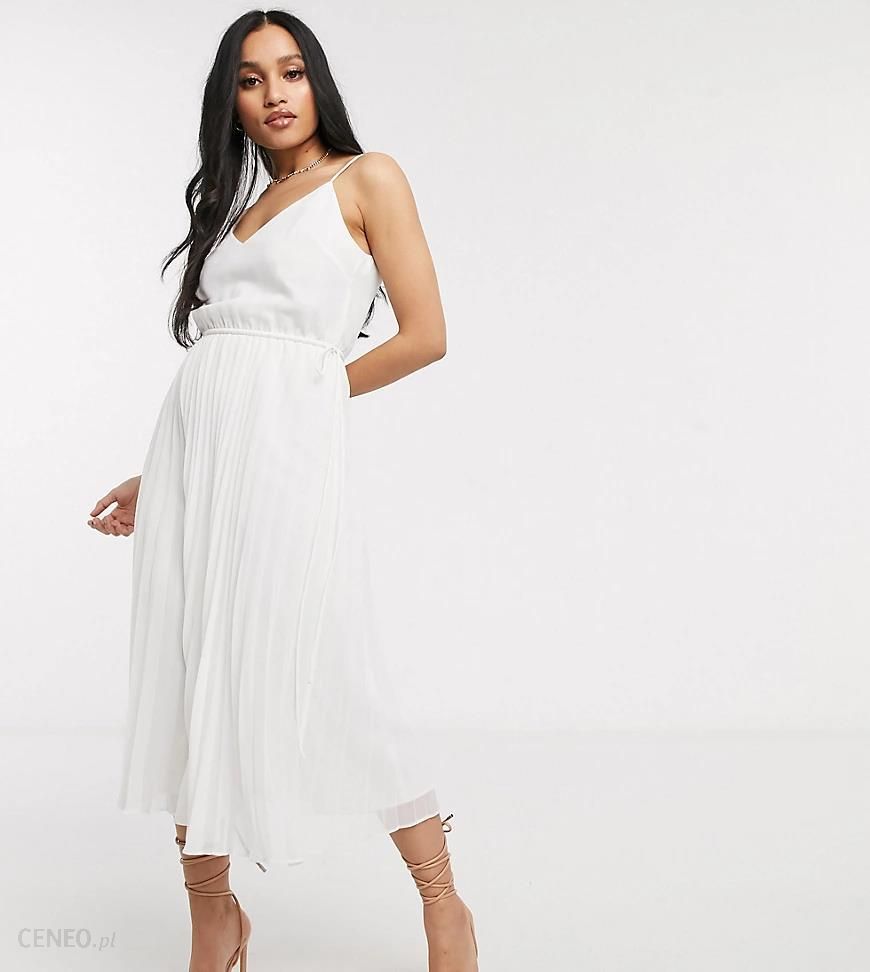 ASOS DESIGN Petite – Biała sukienka midi na cienkich ramiączkach z  wiązaniem w talii i plisowaną spódnicą-Biały - Ceny i opinie 